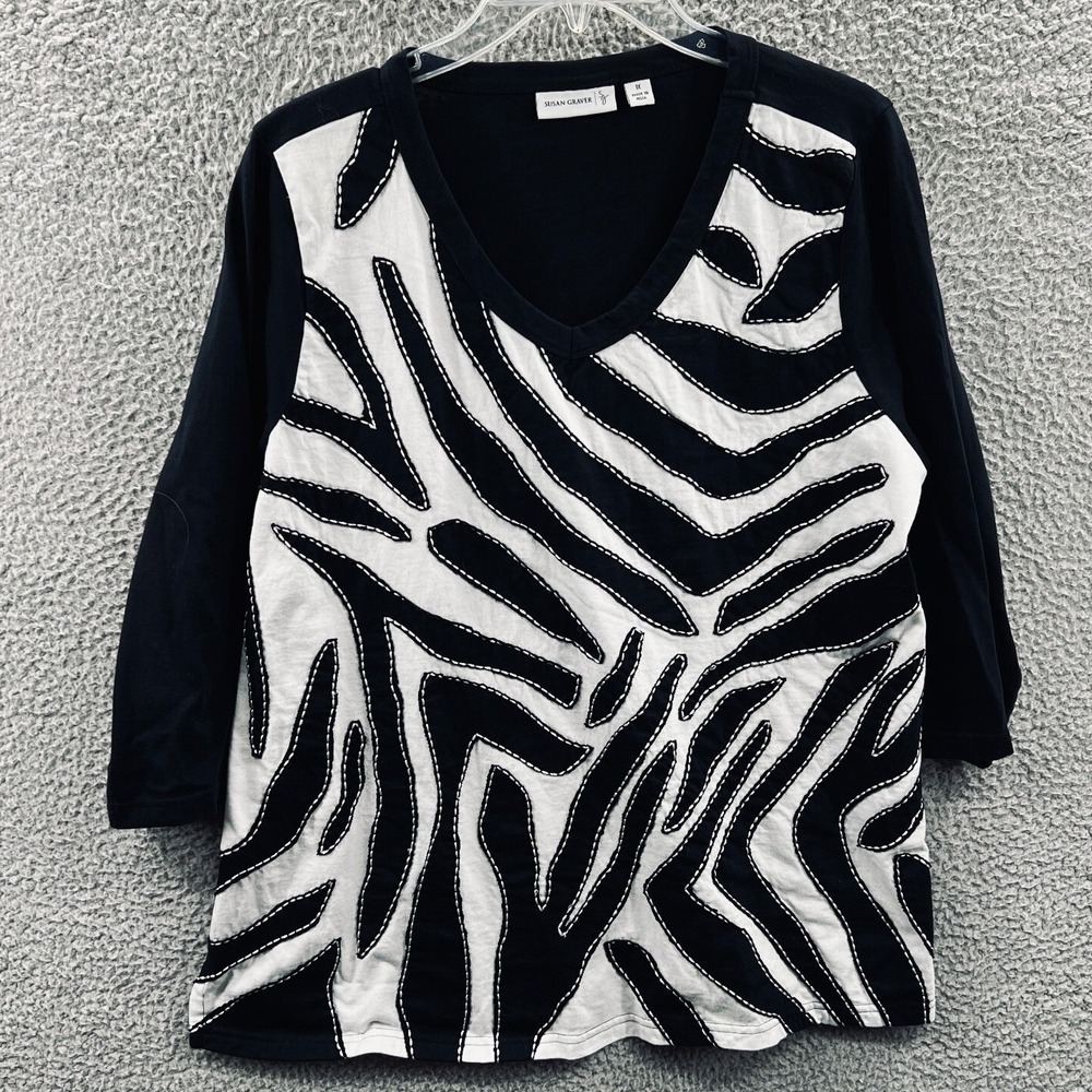Susan Graver Women Zebra Print Knit Top 1X Artistic Abstract Contrast Stitch